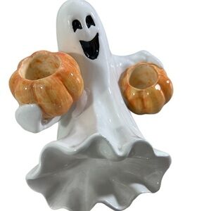 Fitz and Floyd Halloween Ghost & Pumpkin Candle Holder.